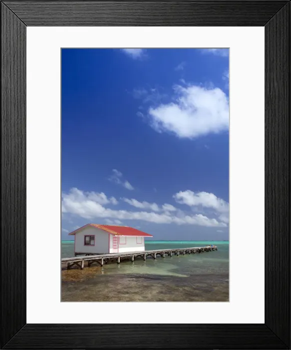 Framed Print : Central America, Belize, Ambergris Caye, San Pedro, a red hut on a jetty contrasted Framed Print : Central America, Belize, Ambergris Caye, San Pedro, a red hut on a jetty contrasted