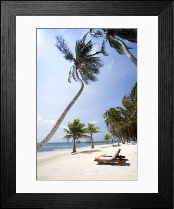 Framed Print : Central America, Belize, Ambergris Caye, San Pedro, sun loungers on the beach with Framed Print : Central America, Belize, Ambergris Caye, San Pedro, sun loungers on the beach with