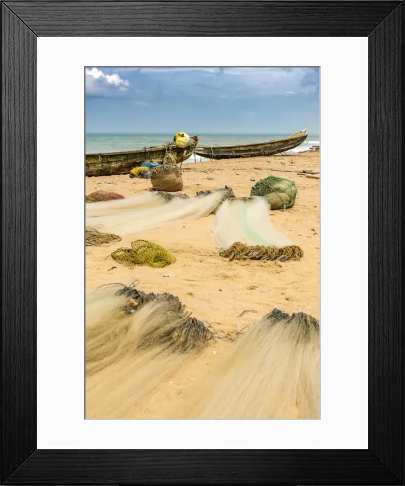 Framed Print : Africa, Benin, Grand Popo, folded fishing nets and boats on the sandy beach Framed Print : Africa, Benin, Grand Popo, folded fishing nets and boats on the sandy beach