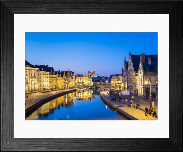 Framed Print : Belgium, Flanders, Ghent (Gent). Buildings along the Leie River and Graslei quay at dusk Framed Print : Belgium, Flanders, Ghent (Gent). Buildings along the Leie River and Graslei quay at dusk