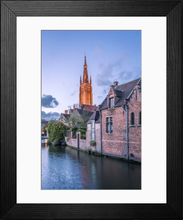 Framed Print : Bruges, Belgium, Europe. Church of Our Lady illumiated after sunset Framed Print : Bruges, Belgium, Europe. Church of Our Lady illumiated after sunset