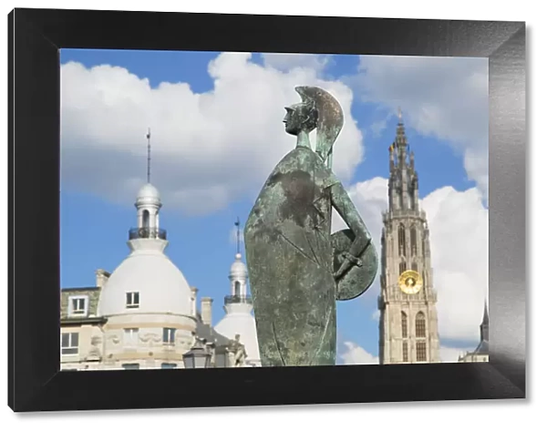 Statue and Onze-Lieve -Vrouwe Cathedral, Antwerp, Flanders, Belgium
