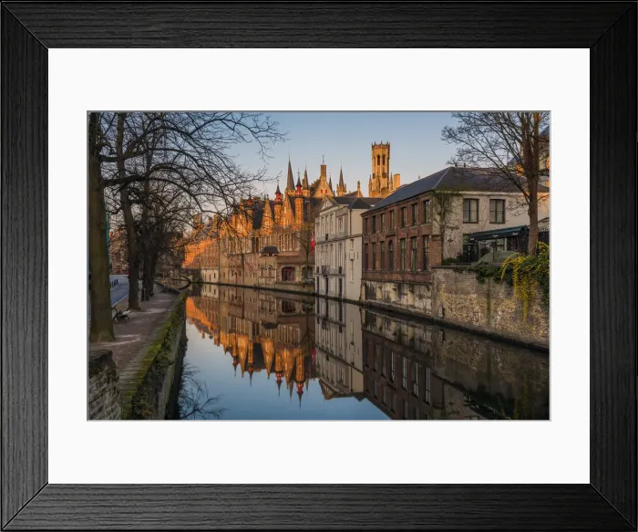 Framed Print : Sunrise view over Dijver canal, Bruges, West Flanders, Belgium Framed Print : Sunrise view over Dijver canal, Bruges, West Flanders, Belgium