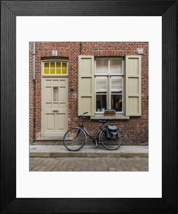 Framed Print : Cobbled street with parked bicycle in the old town, Bruges, West Flanders, Belgium