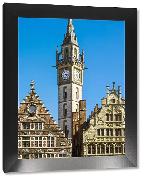 Belgium, Flanders, Ghent (Gent). Former Post Office clocktower and medieval guild