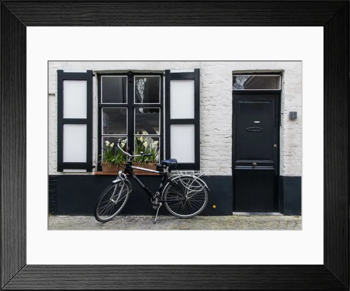 Framed Print : Cobbled street with parked bicycle in the old town, Bruges, West Flanders, Belgium Framed Print : Cobbled street with parked bicycle in the old town, Bruges, West Flanders, Belgium