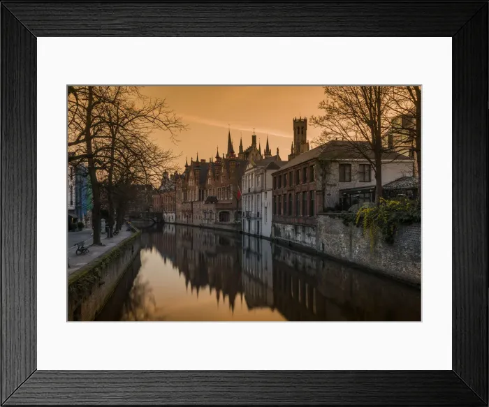 Framed Print : Picturesque sunset view over Dijver canal with Belfort tower in the background, Bruges Framed Print : Picturesque sunset view over Dijver canal with Belfort tower in the background, Bruges