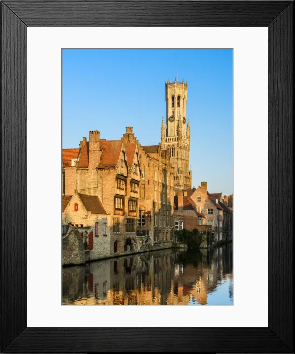 Framed Print : Dijver canal with Belfort medieval tower in the background, Bruges, West Flanders