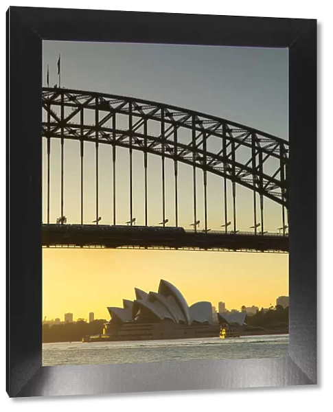 Sydney Harbour Bridge and Sydney Opera House at sunrise, Sydney, New South Wales