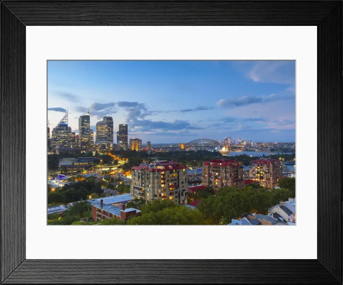 Framed Print : View of skyline at sunset, Sydney, New South Wales, Australia Framed Print : View of skyline at sunset, Sydney, New South Wales, Australia