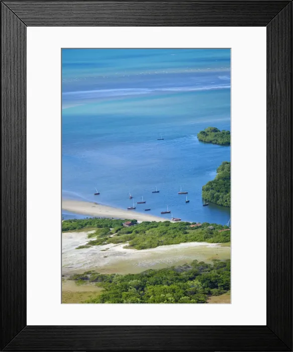 Framed Print : South America, Brazil, Ceara, Aerial shot of fishing boats in a mangrove-lined estuary Framed Print : South America, Brazil, Ceara, Aerial shot of fishing boats in a mangrove-lined estuary