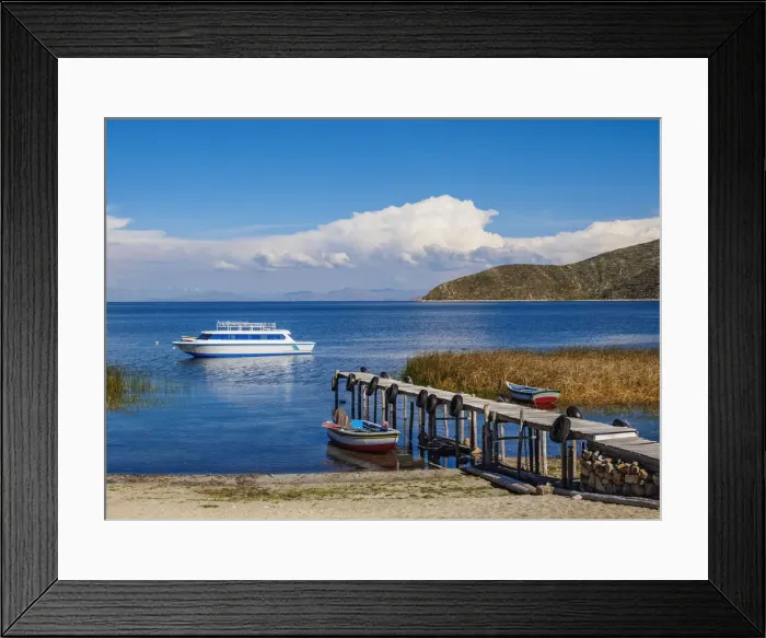 Framed Print : Wooden Jetty in the Challa Pampa Village, Island of the Sun, Titicaca Lake, La Paz