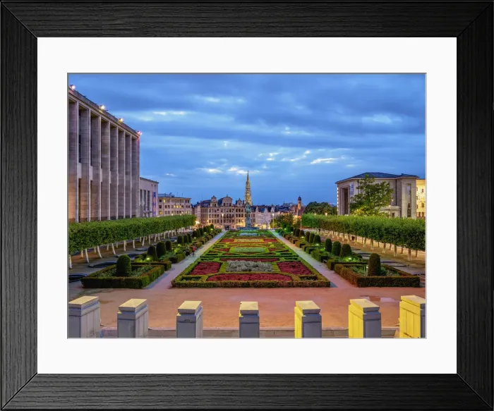 Framed Print : View over Mont des Arts Public Garden towards Town Hall Spire at dusk, Brussels, Belgium Framed Print : View over Mont des Arts Public Garden towards Town Hall Spire at dusk, Brussels, Belgium