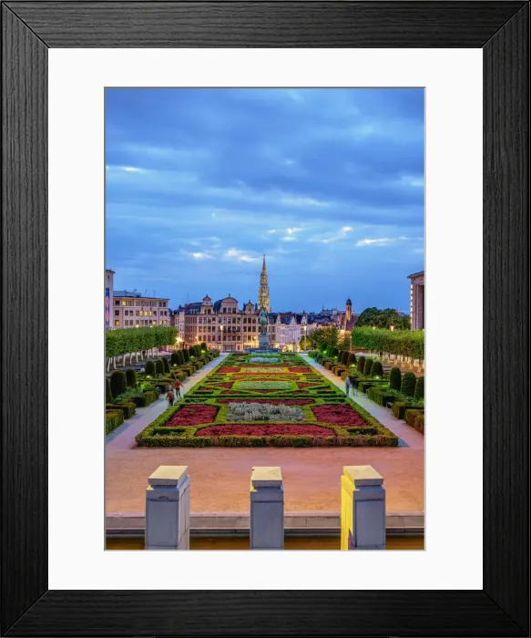 Framed Print : View over Mont des Arts Public Garden towards Town Hall Spire at dusk, Brussels, Belgium Framed Print : View over Mont des Arts Public Garden towards Town Hall Spire at dusk, Brussels, Belgium