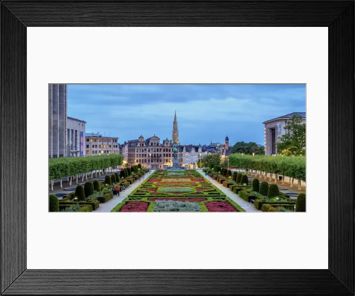 Framed Print : View over Mont des Arts Public Garden towards Town Hall Spire at dusk, Brussels, Belgium Framed Print : View over Mont des Arts Public Garden towards Town Hall Spire at dusk, Brussels, Belgium