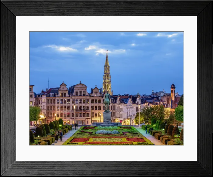 Framed Print : View over Mont des Arts Public Garden towards Town Hall Spire at dusk, Brussels, Belgium Framed Print : View over Mont des Arts Public Garden towards Town Hall Spire at dusk, Brussels, Belgium