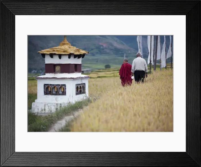 Framed Print : A man and a monk walk past a chorten on the way to the fertility temple in Wangdue Framed Print : A man and a monk walk past a chorten on the way to the fertility temple in Wangdue