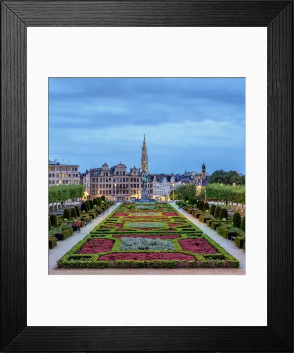 Framed Print : View over Mont des Arts Public Garden towards Town Hall Spire at dusk, Brussels, Belgium Framed Print : View over Mont des Arts Public Garden towards Town Hall Spire at dusk, Brussels, Belgium