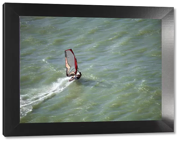 South America, Brazil, Ceara, Aerial picture of a wind surfer on the Atlantic coast