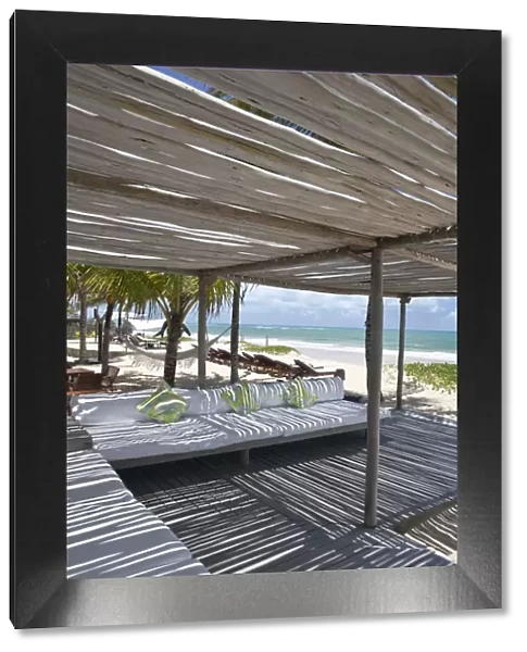 South America, Brazil, Bahia, Trancoso, Beach pavillion at the Villas de Trancoso