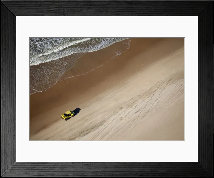 Framed Print : South America, Brazil, Ceara, Fortaleza, Aerial view of a yellow beach buggy driving Framed Print : South America, Brazil, Ceara, Fortaleza, Aerial view of a yellow beach buggy driving