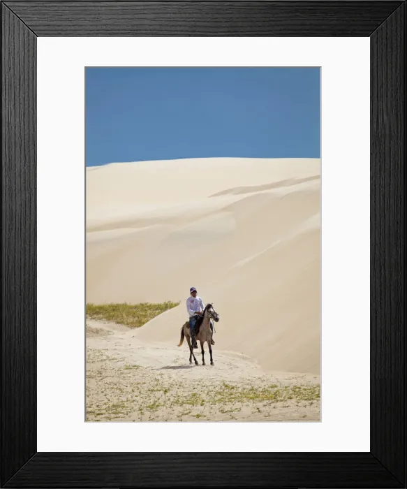Framed Print : South America, Brazil, Maranhao, horseman riding through the sand dunes in the pequenos Framed Print : South America, Brazil, Maranhao, horseman riding through the sand dunes in the pequenos
