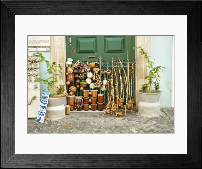 Framed Print : South America, Brazil, Bahia, Salvador, Brazilian percussion instruments including Framed Print : South America, Brazil, Bahia, Salvador, Brazilian percussion instruments including
