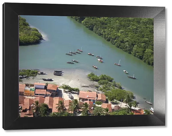 South America, Brazil, Ceara, Aerial of Aranau fishing village near Acarau on the