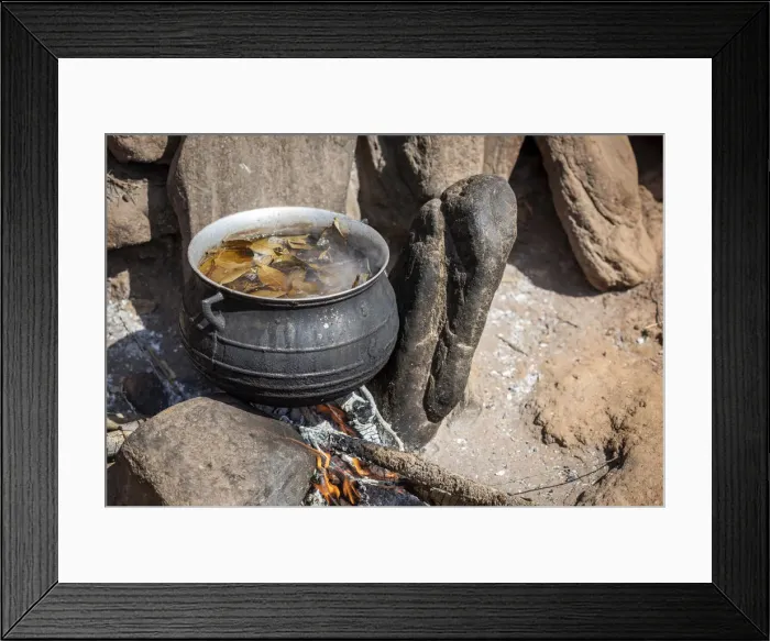Framed Print : Africa, Benin, Taneka villages. Fireplace of a fetisheur preparing a magical infusion Framed Print : Africa, Benin, Taneka villages. Fireplace of a fetisheur preparing a magical infusion