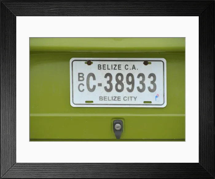 Framed Print : Vehicle registration plate, Belize City, Belize, Central America