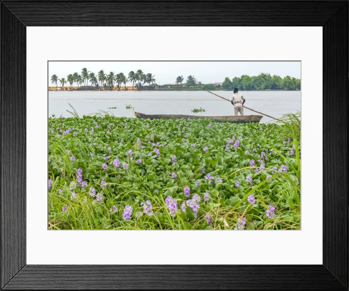 Framed Print : Africa, Benin, Grand Popo. Man with his canoe crossing the lagoon