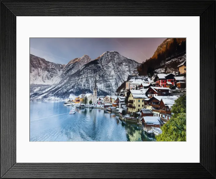 Framed Print : Typical village called Hallstatt con the Hallstatter see at sunrise with the houses Framed Print : Typical village called Hallstatt con the Hallstatter see at sunrise with the houses