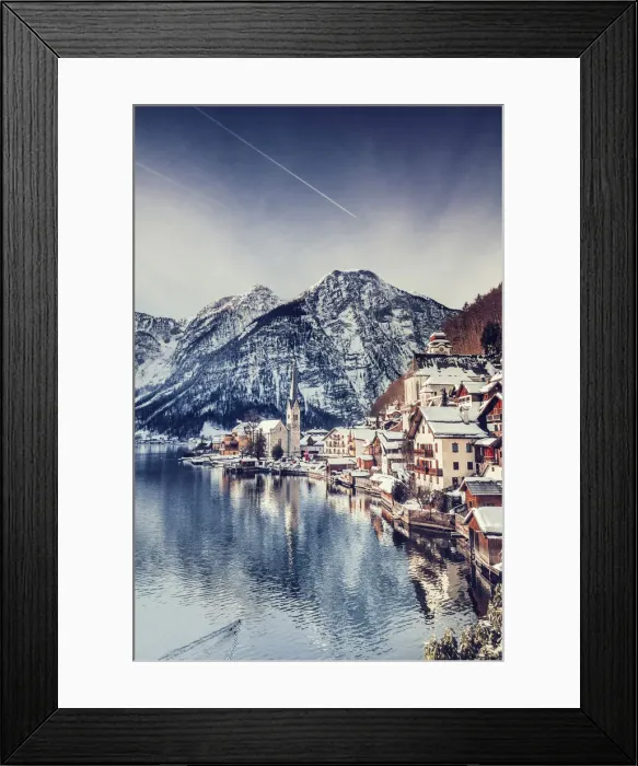 Framed Print : Typical village called Hallstatt con the Hallstatter see at sunrise with the houses