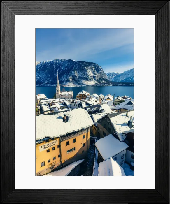 Framed Print : Typical village called Hallstatt con the Hallstatter see at sunrise with the houses Framed Print : Typical village called Hallstatt con the Hallstatter see at sunrise with the houses