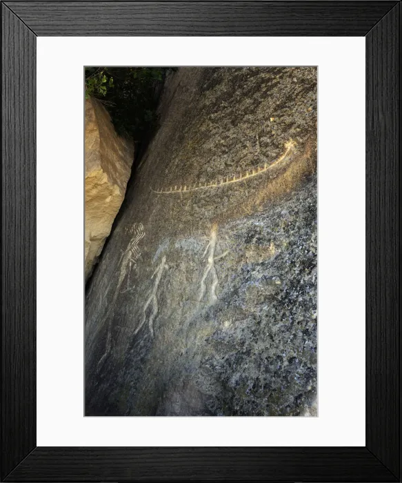 Framed Print : Men and a boat rock engravings. Gobustan Rock Art Cultural Landscape Reserve has an Framed Print : Men and a boat rock engravings. Gobustan Rock Art Cultural Landscape Reserve has an