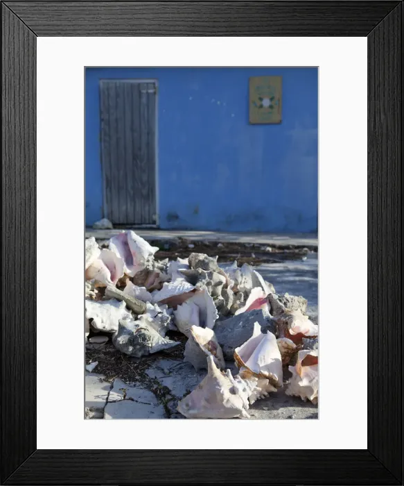 Framed Print : Bahamas. Facade of a powder blue house selling straw