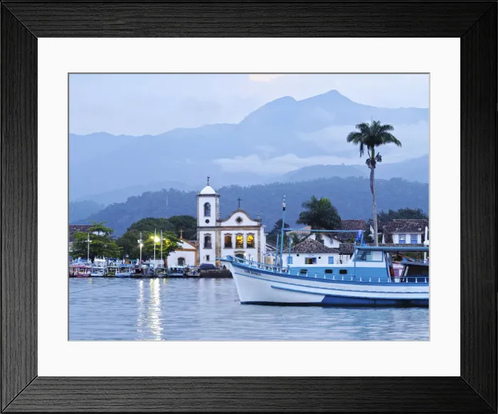 Framed Print : Brazil, State of Rio de Janeiro, Paraty, Twilight view of the town Framed Print : Brazil, State of Rio de Janeiro, Paraty, Twilight view of the town