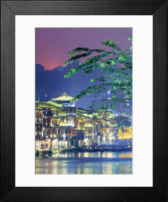 Framed Print : China, Hunan province, Fenghuang, riverside houses