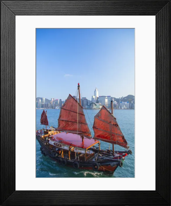 Framed Print : Junk boat in Victoria Harbour, Hong Kong Island, Hong Kong Framed Print : Junk boat in Victoria Harbour, Hong Kong Island, Hong Kong