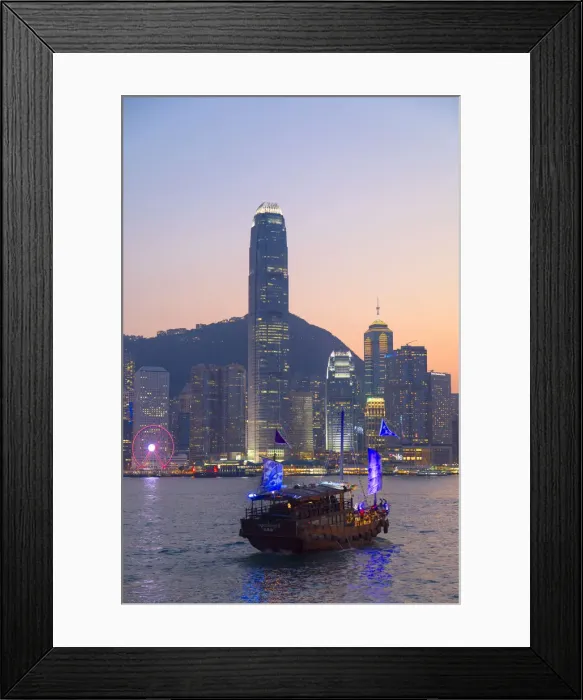 Framed Print : Junk boat in Victoria Harbour at dusk, Hong Kong Island, Hong Kong Framed Print : Junk boat in Victoria Harbour at dusk, Hong Kong Island, Hong Kong