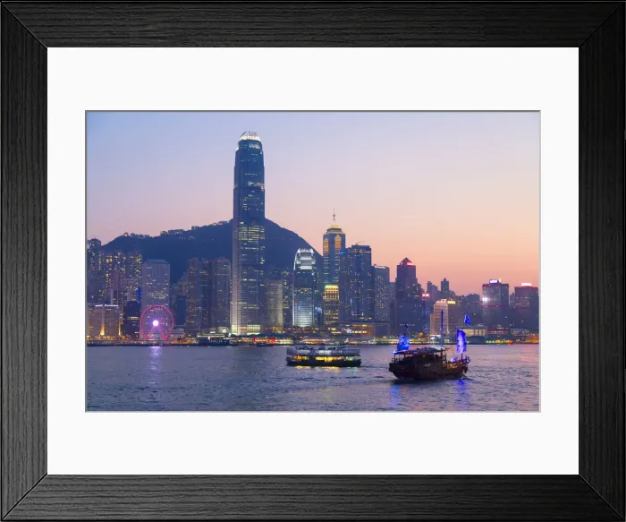 Framed Print : Junk boat in Victoria Harbour at dusk, Hong Kong Island, Hong Kong Framed Print : Junk boat in Victoria Harbour at dusk, Hong Kong Island, Hong Kong