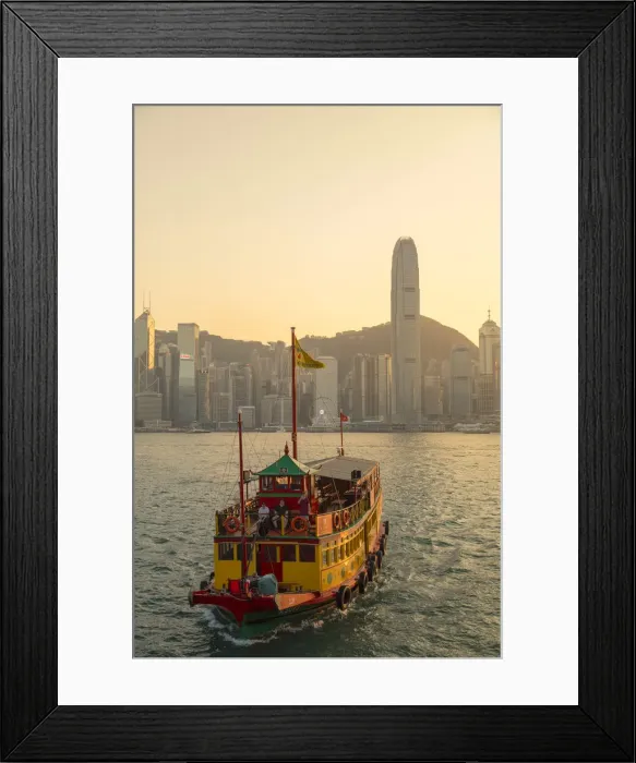 Framed Print : Tour boat in Victoria Harbour at sunset, Hong Kong Island, Hong Kong Framed Print : Tour boat in Victoria Harbour at sunset, Hong Kong Island, Hong Kong