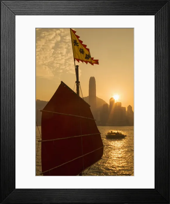 Framed Print : Sail of Aqua Luna junk boat and Central skyline at sunset, Hong Kong Island, Hong Kong Framed Print : Sail of Aqua Luna junk boat and Central skyline at sunset, Hong Kong Island, Hong Kong