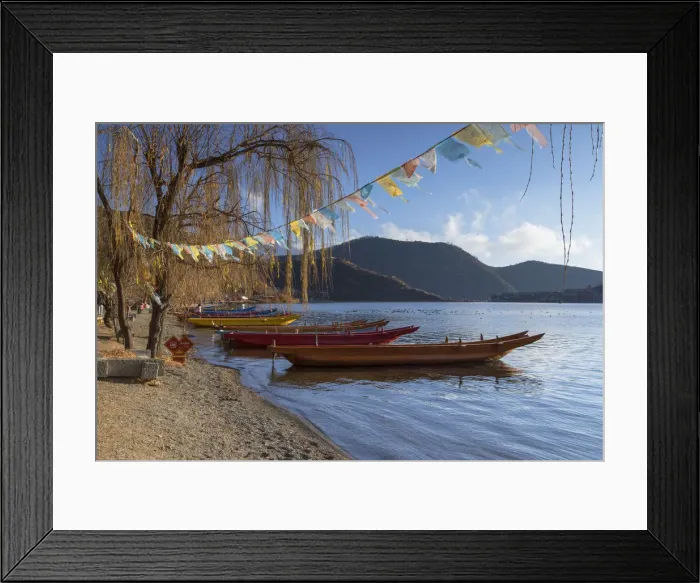 Framed Print : Boats on Lugu Lake, Lige village, Yunnan, China Framed Print : Boats on Lugu Lake, Lige village, Yunnan, China