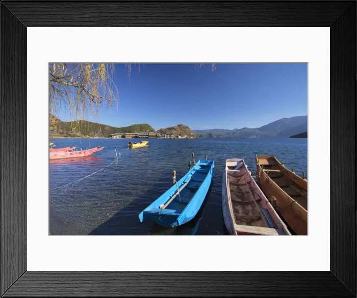 Framed Print : Boats on Lugu Lake, Lige village, Yunnan, China Framed Print : Boats on Lugu Lake, Lige village, Yunnan, China