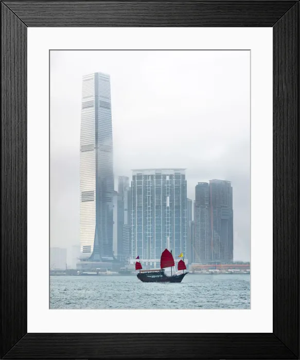 Framed Print : International Commerce Centre and Chinese junk boat in West-Kowloon, Hong Kong, China Framed Print : International Commerce Centre and Chinese junk boat in West-Kowloon, Hong Kong, China