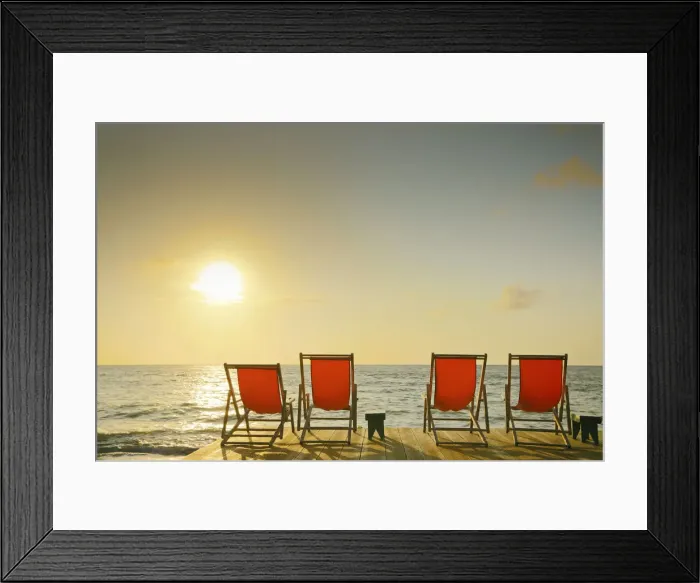 Framed Print : South America, Brazil, Alagoas, Praia do Patacho, sun loungers on a deck overlooking