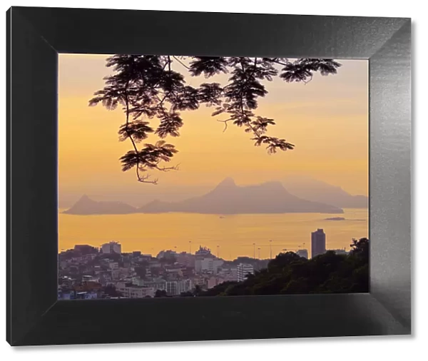 Brazil, City of Rio de Janeiro, Sunrise view over Gloria towards Niteroi from Mirante