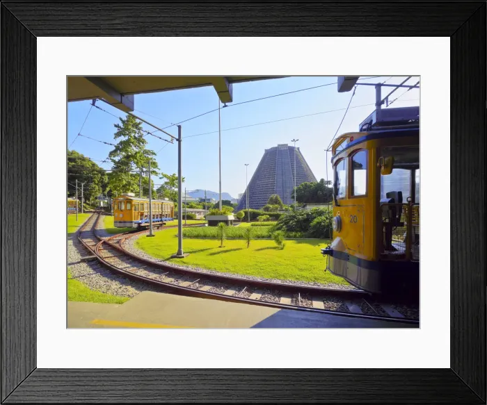 Framed Print : Brazil, City of Rio de Janeiro, The Santa Teresa Tram at Carioca Station with Metropolitan Framed Print : Brazil, City of Rio de Janeiro, The Santa Teresa Tram at Carioca Station with Metropolitan
