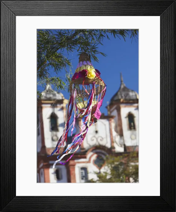 Framed Print : Decoration for festival with Our Lady of Conceicao de Antonio Dias Church in background Framed Print : Decoration for festival with Our Lady of Conceicao de Antonio Dias Church in background